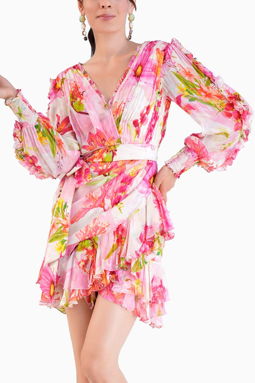 Pink Chiffon Printed Short Frilled Dress