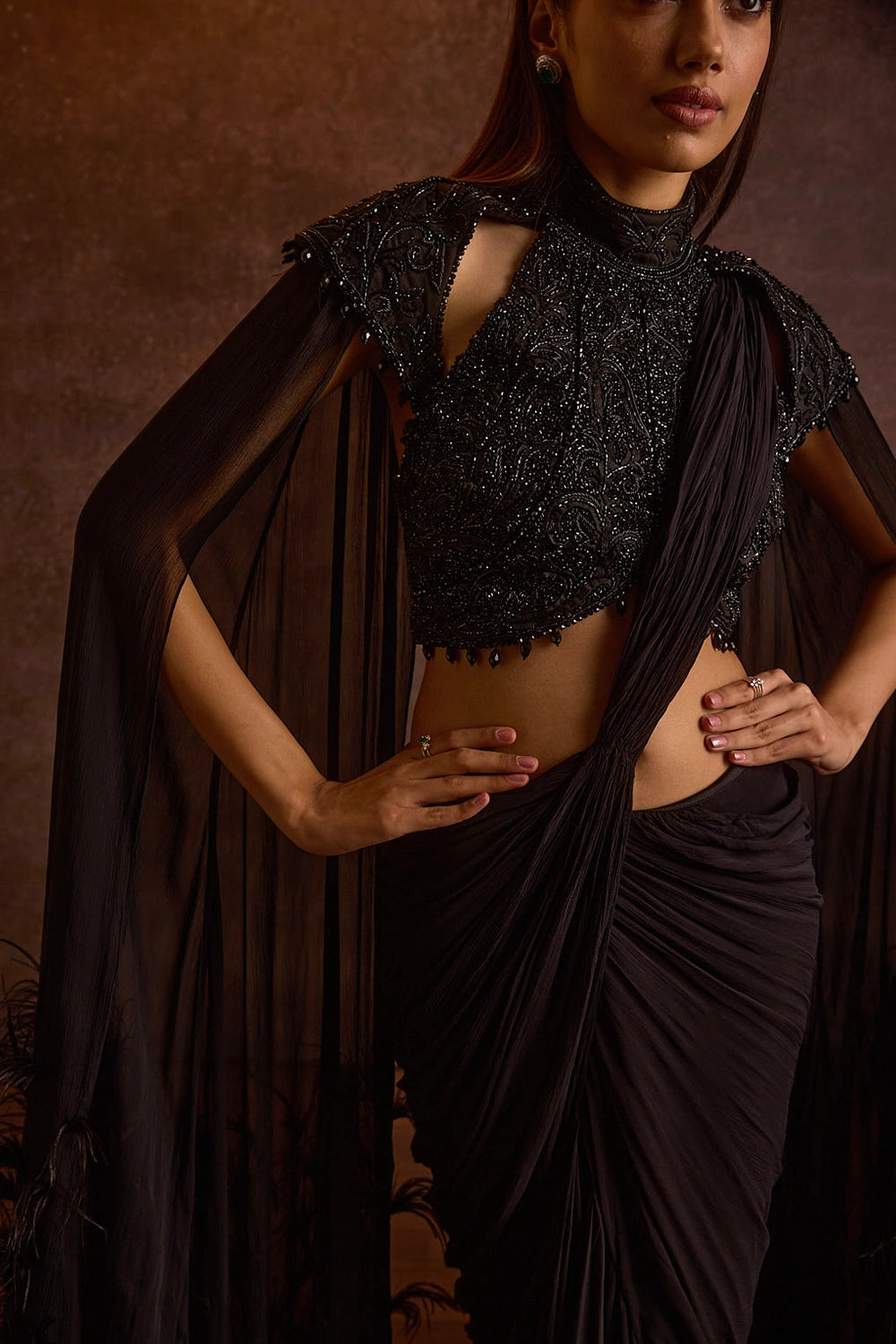 Anahira Black Feather Cape Sleeves Pre Draped Ruffle Saree