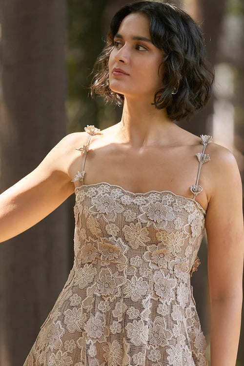 Taupe Floral Appliqué Lace Midi Dress