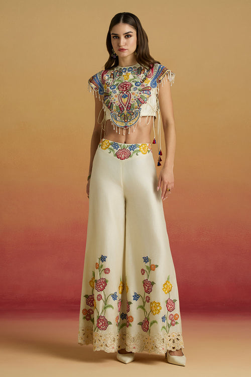 Ivory Embellished Yoke Amaryllis Top with Floral Sharara