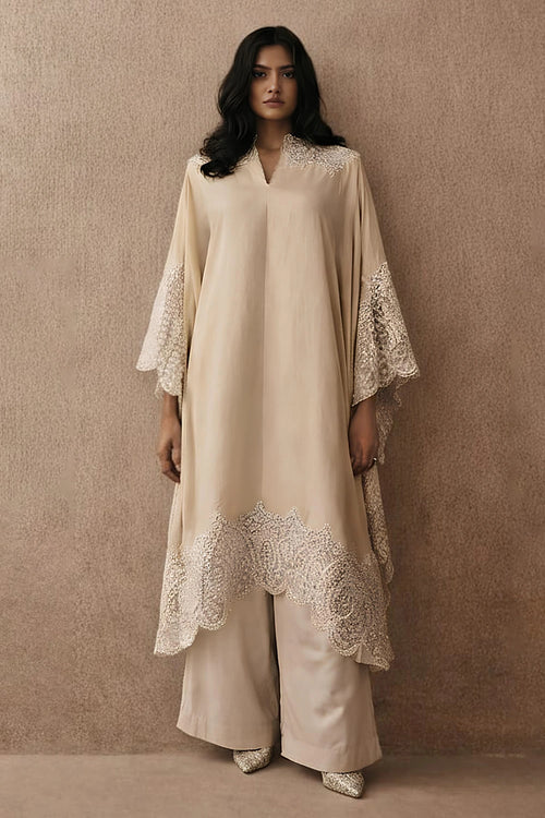 Silver Zari Mirrorwork Tissue Applique Kaftan with Brocade Palazzos