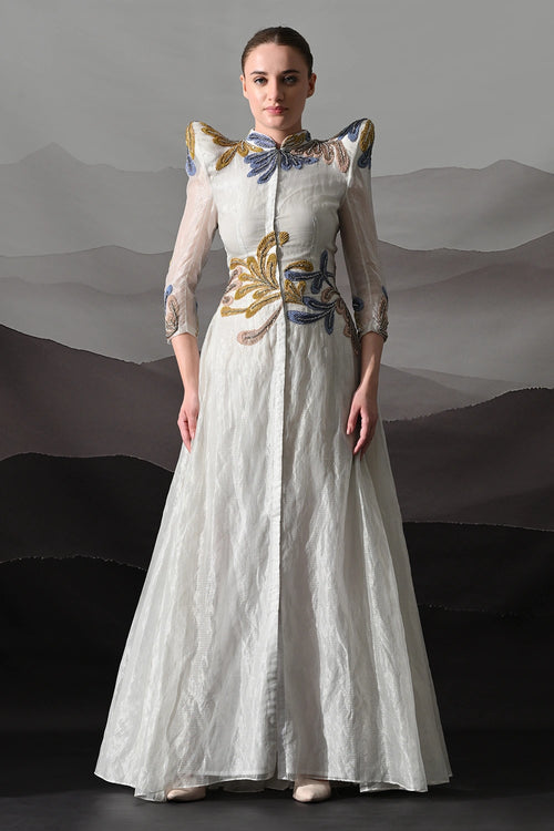 White Gown With Artisanal Floral Embroidery