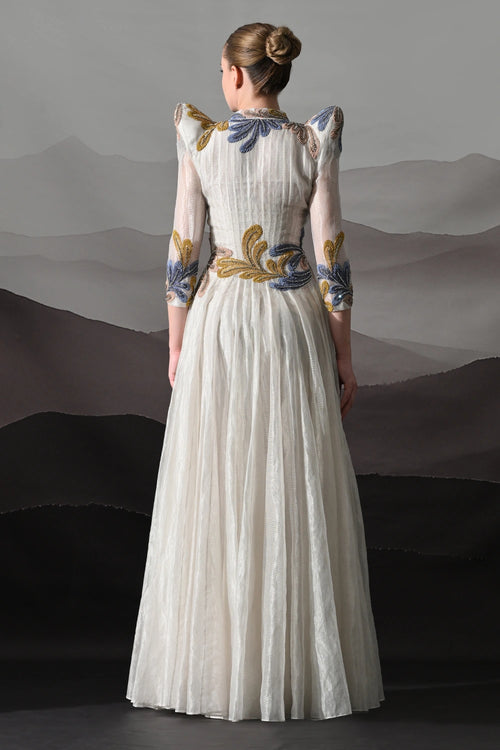 White Gown With Artisanal Floral Embroidery