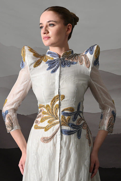 White Gown With Artisanal Floral Embroidery