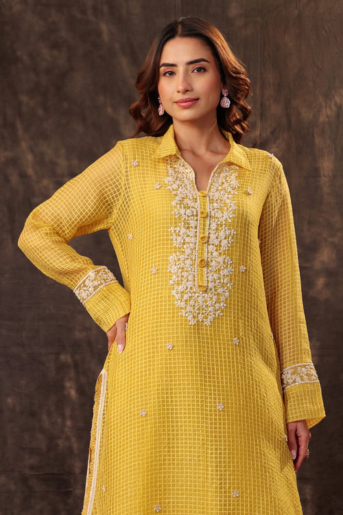 Vaayu Yellow Collar Kurta Set