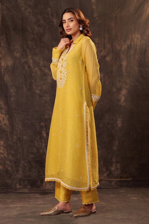 Vaayu Yellow Collar Kurta Set