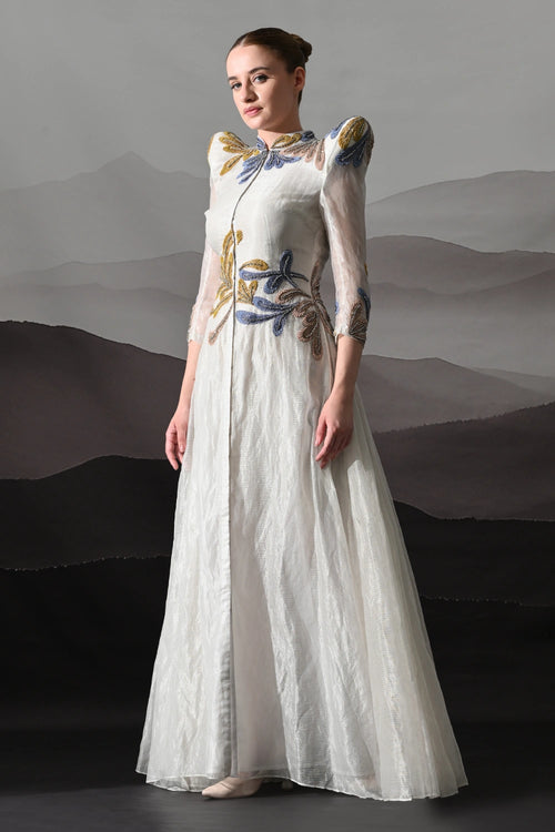 White Gown With Artisanal Floral Embroidery