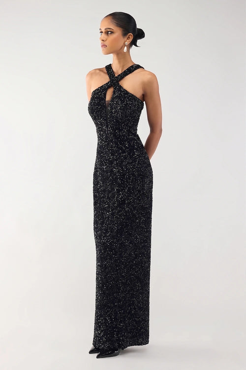 Black Crystal Halter Gown
