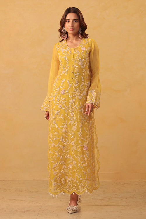 Vaayu Yellow Heavy Jaal Scallop Kurta Set