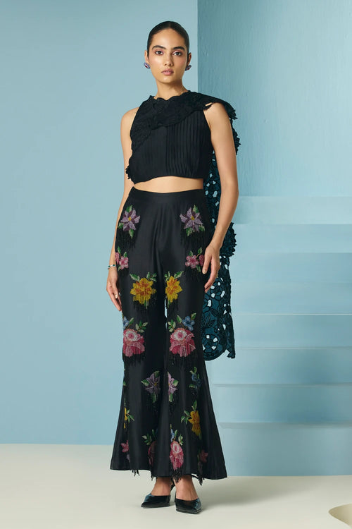 Black Pleated Drape Detail Top With Flared Pants