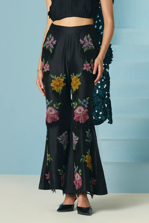 Black Pleated Drape Detail Top With Flared Pants