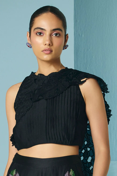 Black Pleated Drape Detail Top With Flared Pants