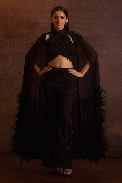 Krasa Black Feather Cape Sleeves Blouse With Pants