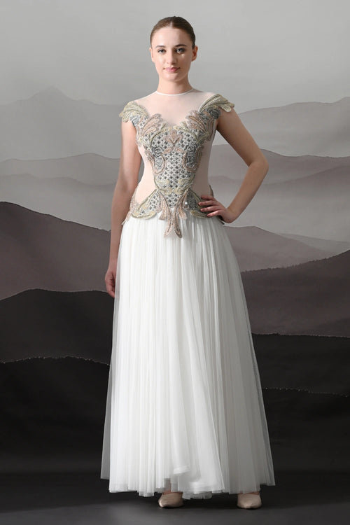 Ivory Gown With Hand-Embroidered Sculpted Bodice