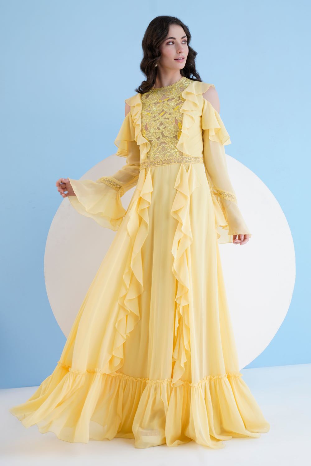 Yellow Long Dress With Shoulder Cutout And Lace Detail