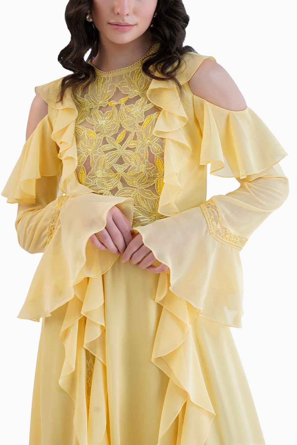 Yellow Long Dress With Shoulder Cutout And Lace Detail