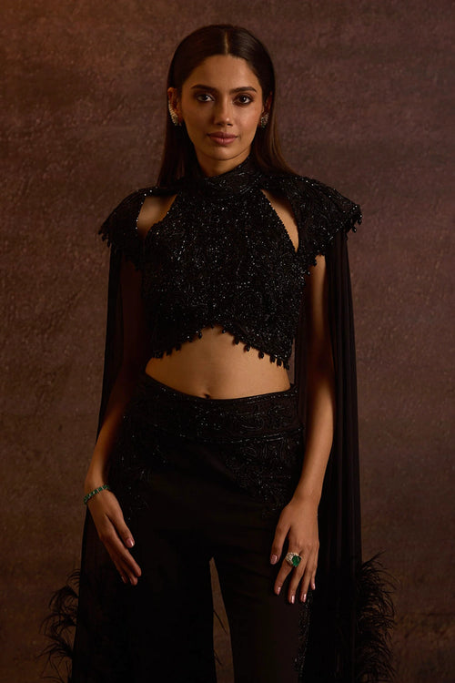 Krasa Black Feather Cape Sleeves Blouse With Pants