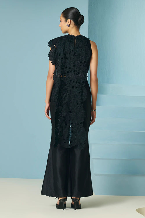Black Pleated Drape Detail Top With Flared Pants