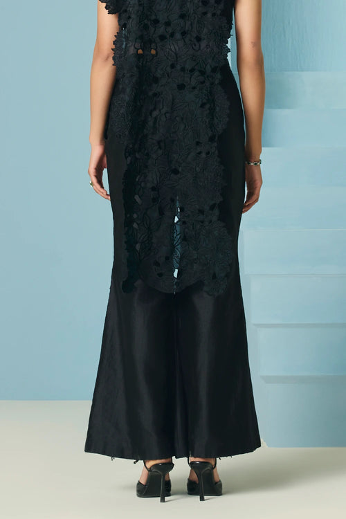 Black Floral Beadwork Fringe Flared Pants