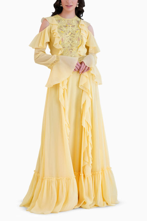 Yellow Long Dress With Shoulder Cutout And Lace Detail