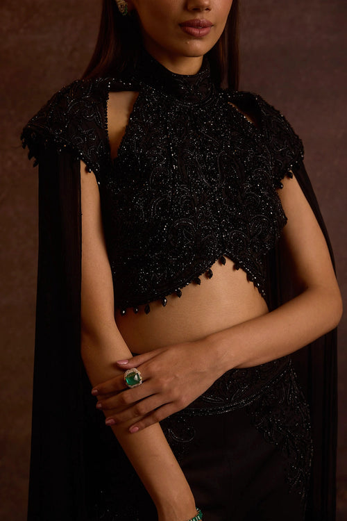 Krasa Black Feather Cape Sleeves Blouse With Pants