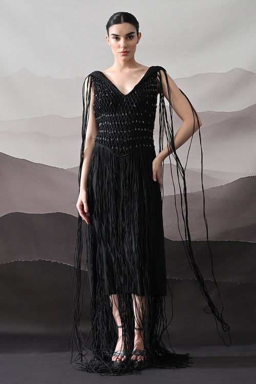 Black Gown With Artisanal Weave And Fringe Detailing