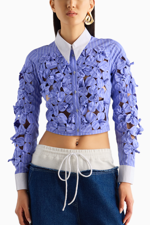 Blue Stripe 3D Flower Shirt
