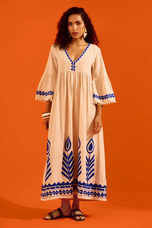 Natural Jute Maxi Dress with Indigo Petal Thread Embroidery