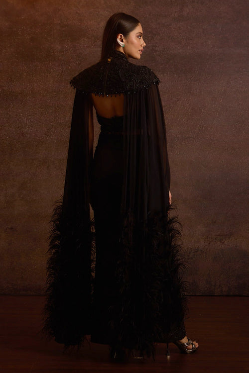 Krasa Black Feather Cape Sleeves Blouse With Pants