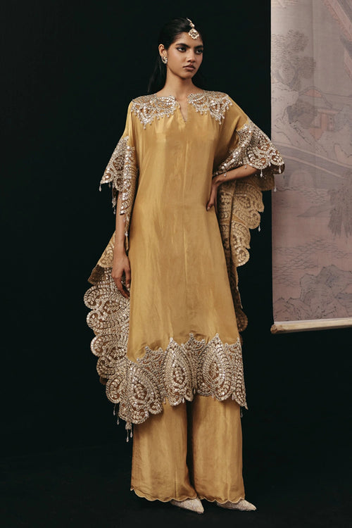 Golden Zari Mirrorwork Tissue Applique Kaftan with Scallop Palazzos