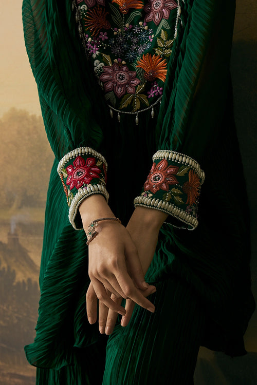 Emerald Green Floral Textured Kimono Tunic With Pants