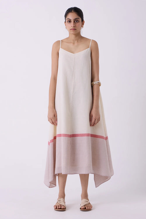Jane Ecru Colourblocked Handwoven Dress