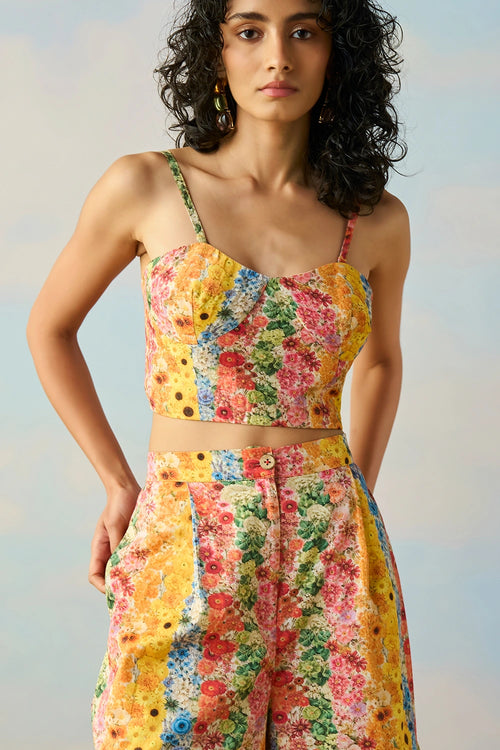 Botanical Stripe Print Bralette with Shirt and Shorts Set