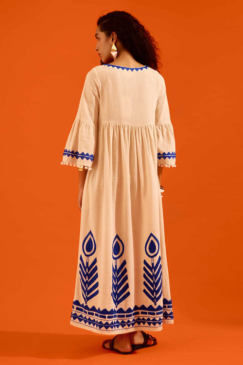 Natural Jute Maxi Dress with Indigo Petal Thread Embroidery