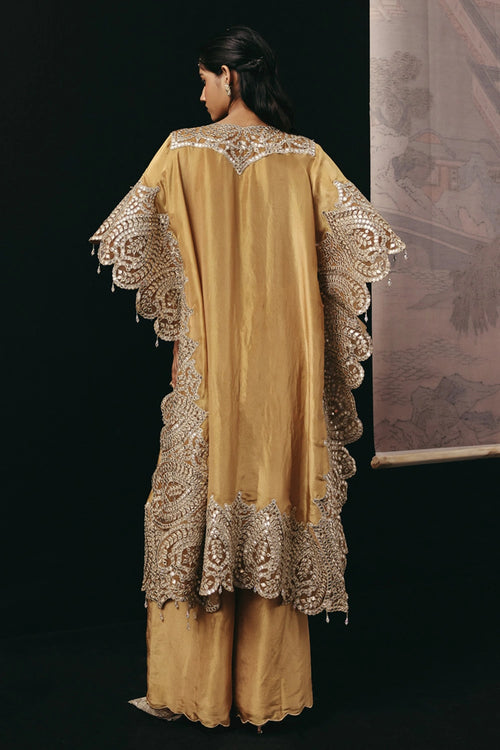 Golden Zari Mirrorwork Tissue Applique Kaftan with Scallop Palazzos