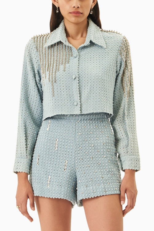 Light Denim Lazercut Crop Shirt