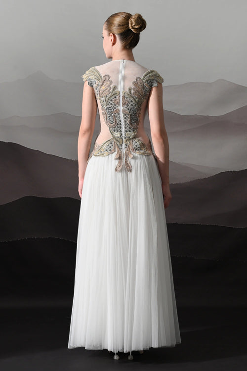 Ivory Gown With Hand-Embroidered Sculpted Bodice