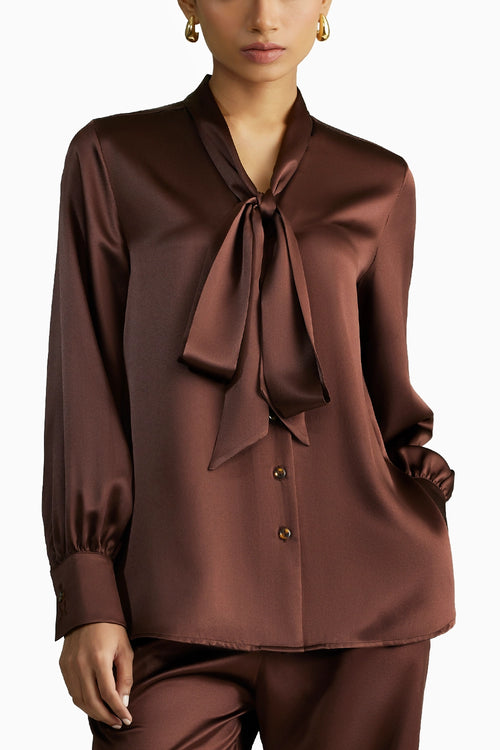 Espresso Silk Long-Sleeved Tie-Neck Top