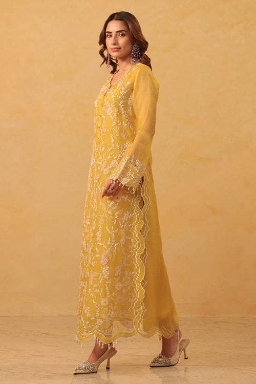 Vaayu Yellow Heavy Jaal Scallop Kurta Set