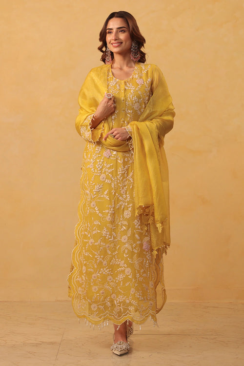 Vaayu Yellow Heavy Jaal Scallop Kurta Set
