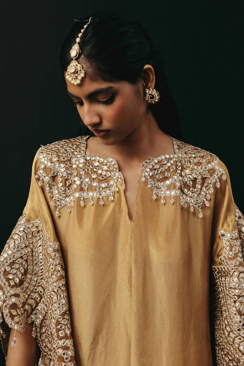 Golden Zari Mirrorwork Tissue Applique Kaftan with Scallop Palazzos