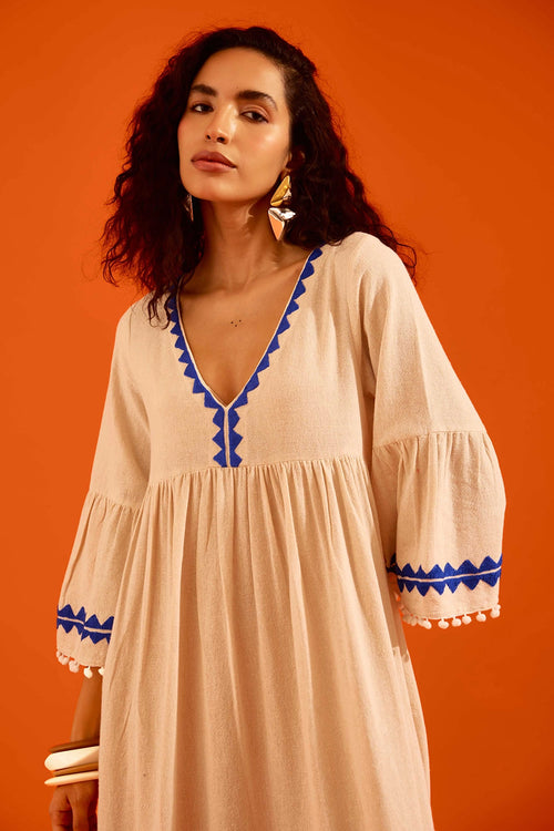 Natural Jute Maxi Dress with Indigo Petal Thread Embroidery