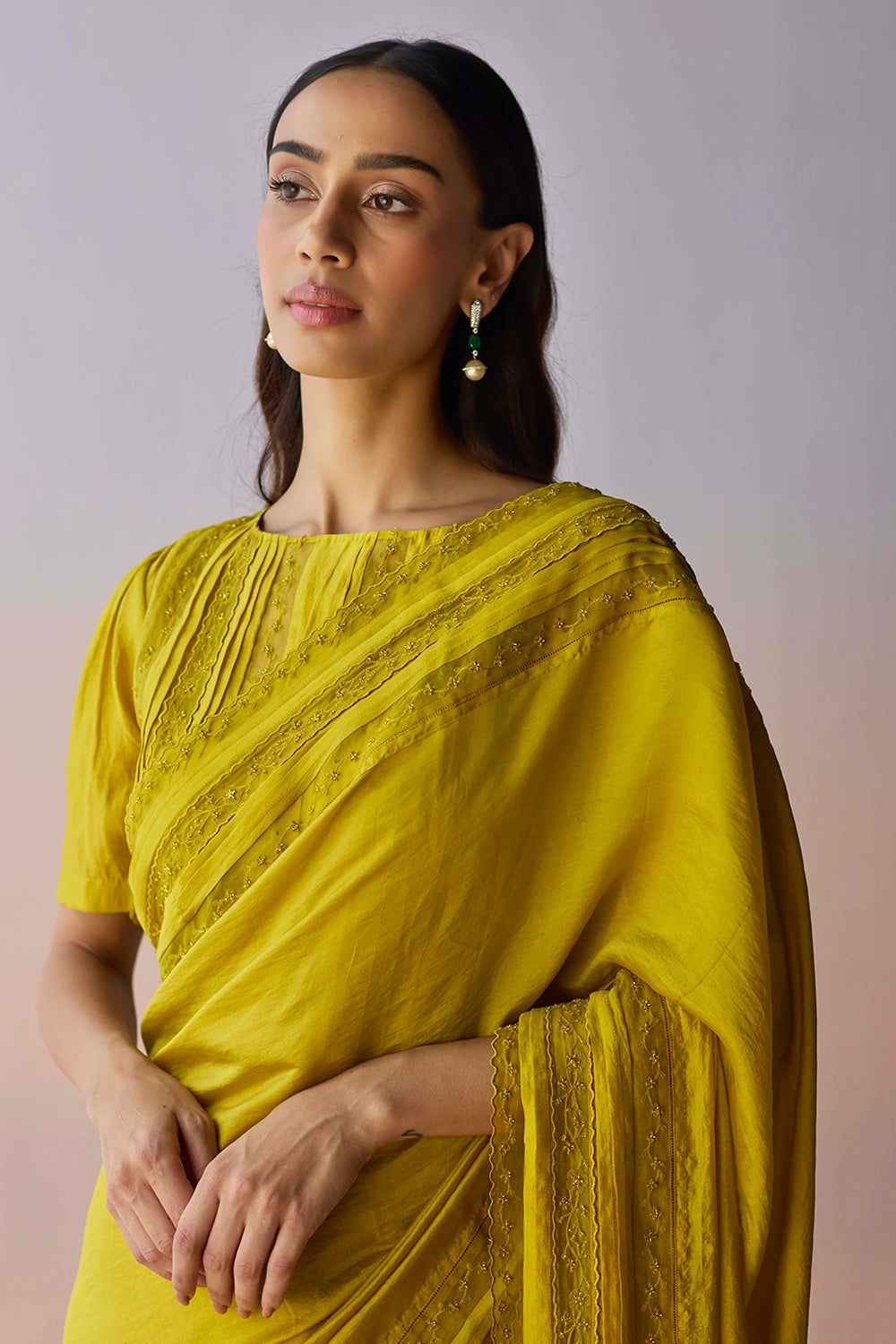 Whispering Ivy Embroidered Yellow Saree