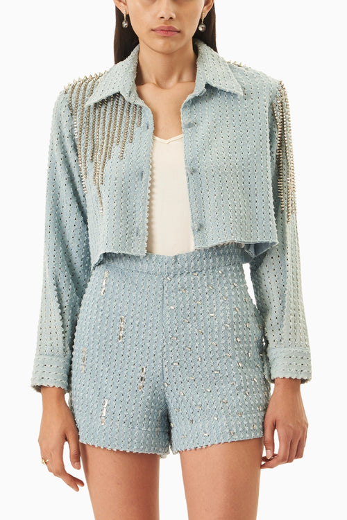 Light Denim Lazercut Crop Shirt with Shorts
