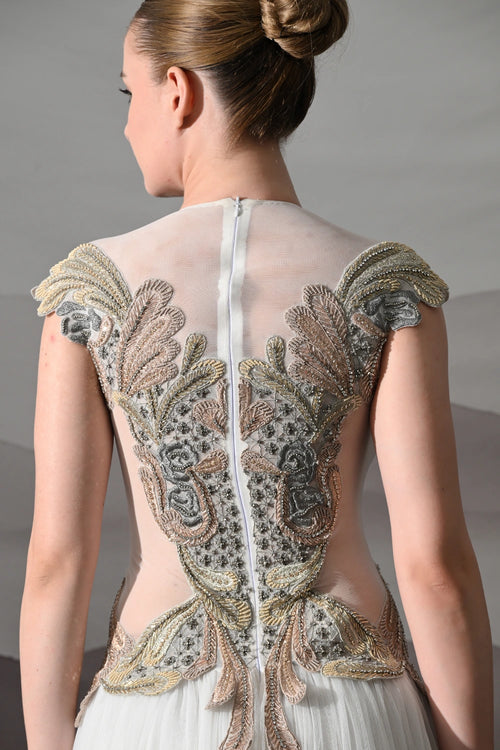 Ivory Gown With Hand-Embroidered Sculpted Bodice