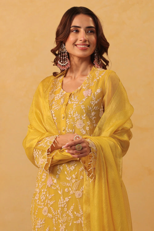 Vaayu Yellow Heavy Jaal Scallop Kurta Set