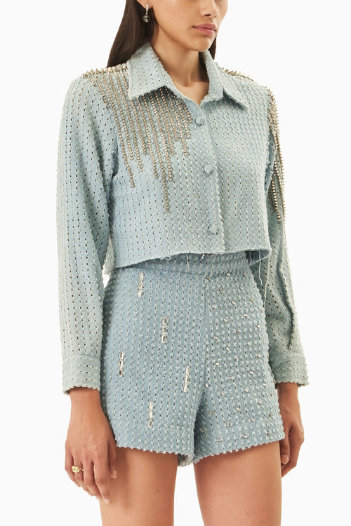 Light Denim Lazercut Crop Shirt with Shorts