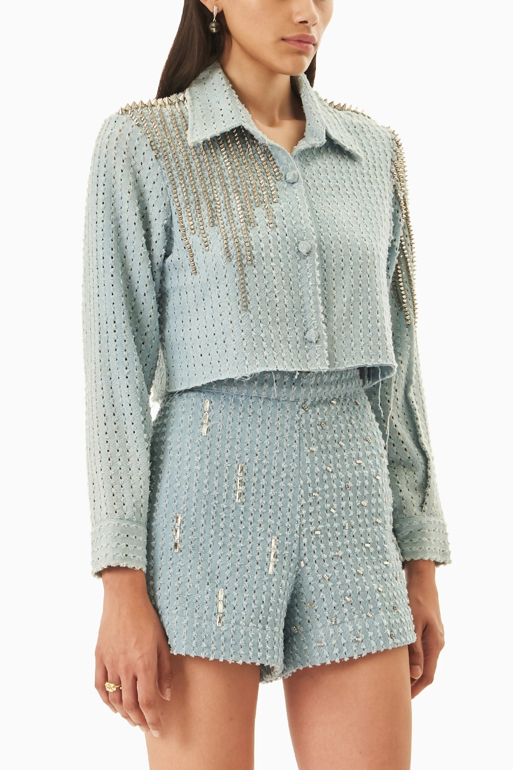 Light Denim Lazercut Crop Shirt with Shorts