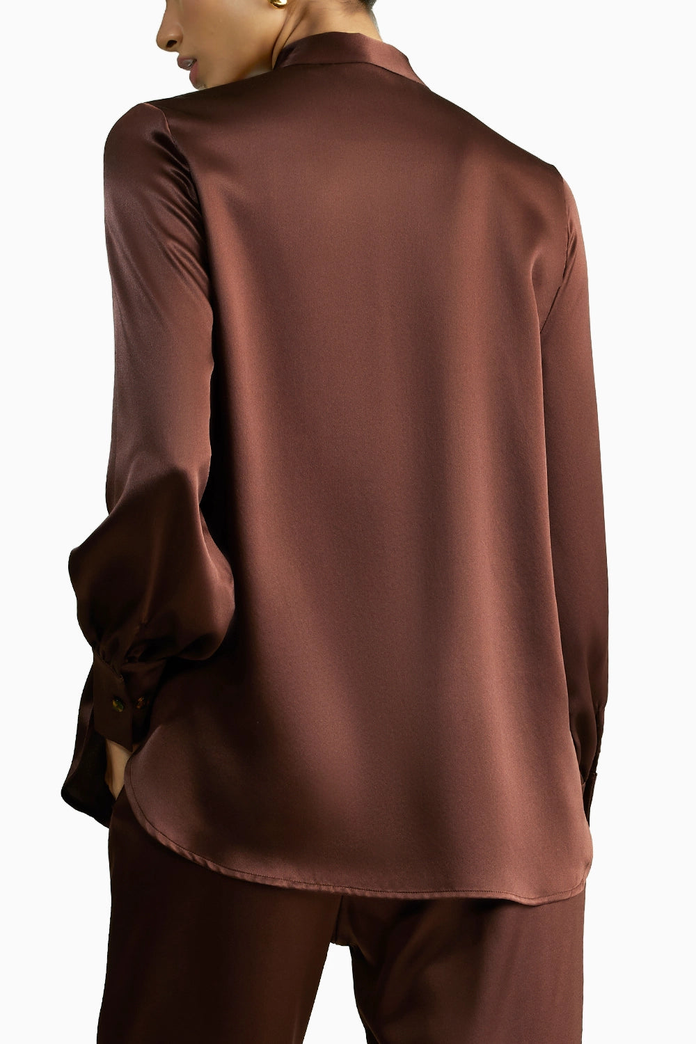 Espresso Silk Long-Sleeved Tie-Neck Top
