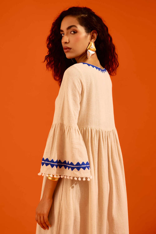 Natural Jute Maxi Dress with Indigo Petal Thread Embroidery